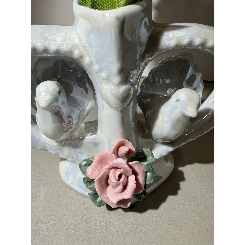 Rare MCM Vintage Opalescent porcelain Lovebirds And Floral Bud Vase. Granny Core